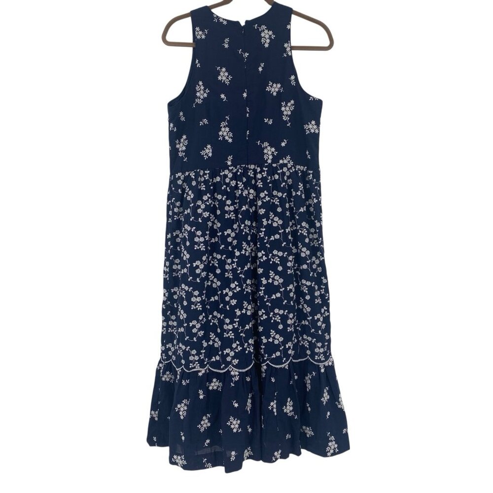 Ann Taylor Size 10P Navy Blue Floral Embroidered Midi Dress 100% Cotton Cottage - Picture 5 of 16